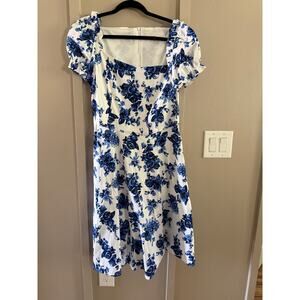 White/Blue Roses floral flowy women’s puff sleeve dress XL